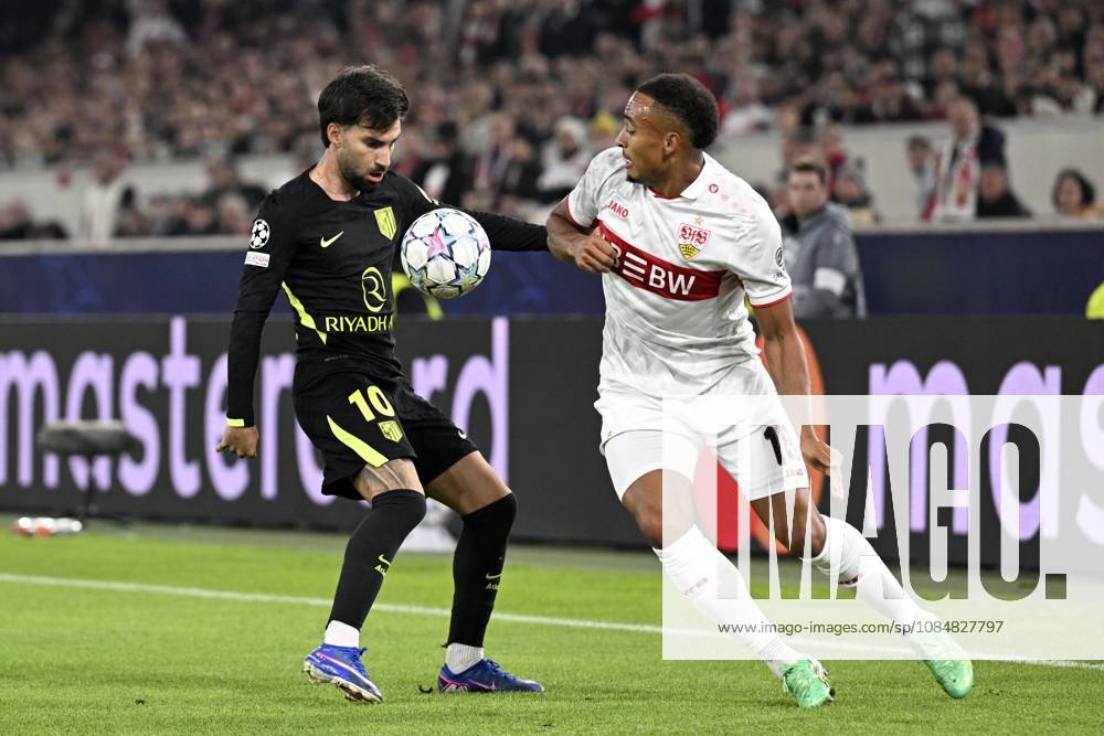 STUTTGART - (lr) Alex Baena of Atletico Madrid, Jamie Leweling of VFB Stuttgart during the UEFA Champions League match between VFB Stuttgart and Atletico Madrid at Stadion MHP Arena on 20 October 2026 in Stuttgart, Germany. ANP UEFA Champions League 2026 27 ANPxSportx xGerritxvanxKeulenxIVx 573110731 originalFilename: 573110731