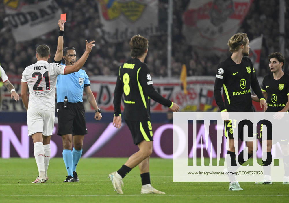 Schiedsrichter Referee Serdar Goezuebueyuek (NED) zeigt Morten Hjulmand Atletico de Madrid (23) rote Karte rot Platzverweis fuer grobes Foulspiel Champions League VfB Stuttgart vs Atletico Madrid 20.10.2026 DFL REGULATIONS PROHIBIT ANY USE OF PHOTOGRAPHS AS IMAGE SEQUENCES AND OR QUASI-VIDEO Champions League VfB Stuttgart vs Atletico Madrid