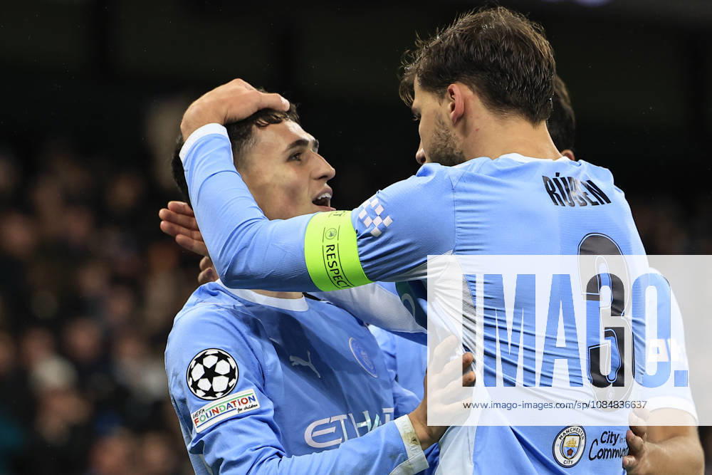 Manchester City v AEK Athens, Champions League Phil Foden (47) of Manchester City celebrates scoring to make it 4-1 with Ruben Dias (3) of Manchester City during the Champions League match between Manchester City and AEK Athens at the Etihad Stadium, Manchester, UK on 20 October 2026. Manchester Etihad Stadium Manchester UK Editorial use only ,
