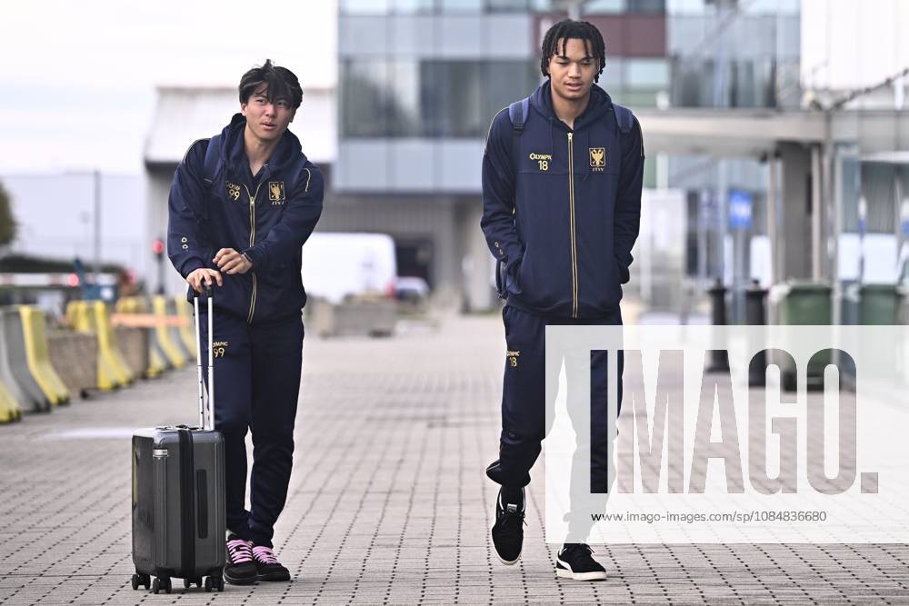 FC Midtjylland v Sint-Truidense VV - UEFA Conference League Media Activities 21 10 2026 LIEGE, BELGIUM - OCTOBER 21 : Shinkawa Shion forward of Sint-Truidense VV and Ishiwatari Nelson midfielder of Sint-Truidense VV pictured at the Liege airport before departure for the UEFA Conference League 2026 27 League Phase matchday 2 match between FC Midtjylland and Sint-Truidense VV on October 21, 2026 in Liege, Belgium, 21 10 2026 Liege Belgium