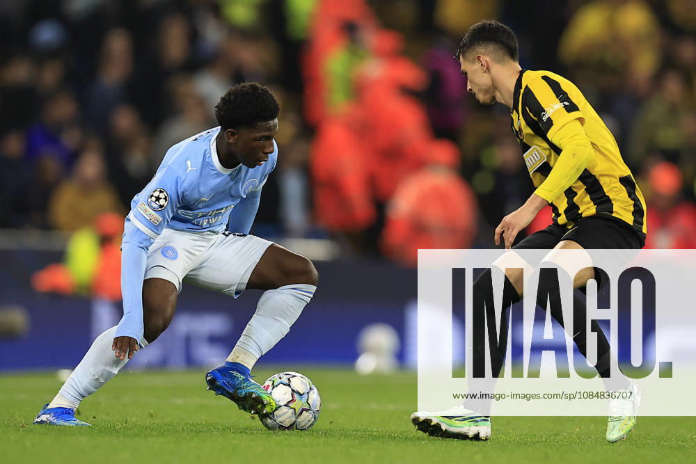Manchester City v AEK Athens, Champions League Ryan McAidoo (56) of Manchester City tries to get past Stavros Pilios (3) of AEK Athens during the Champions League match between Manchester City and AEK Athens at the Etihad Stadium, Manchester, UK on 20 October 2026. Manchester Etihad Stadium Manchester UK Editorial use only ,