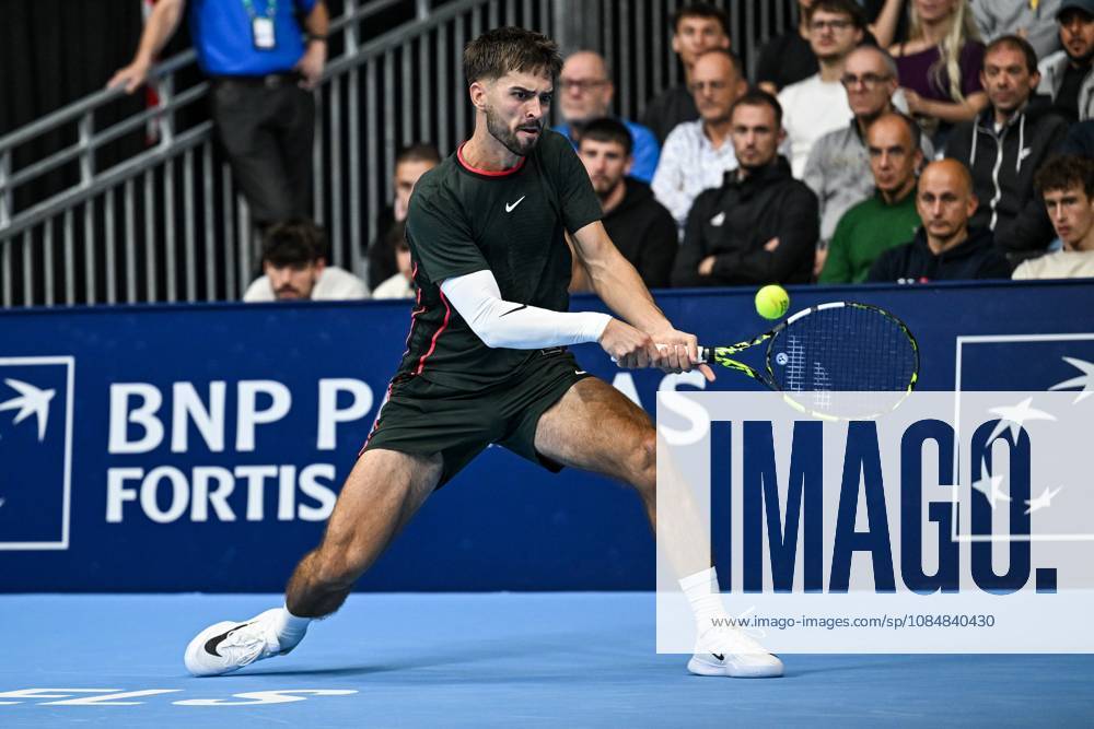Dino Prizmic of Croatia pictured in action during the European Open ATP, Tennis Herren tennis tournament in Brussels, on 21 October. This year s edition of the tournament is taking place from 17 to 25 October DAVIDxPINTENS x190475782x