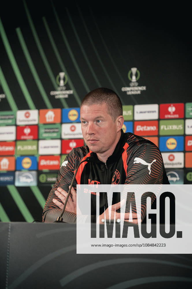 FC Midtjylland press conference, PK, Pressekonferenz - UEFA Conference League Herning, Denmark - October 21: Head coach Mike Tullberg and Pedro Bravo during a press conference ahead of a match between FC Midtjylland and St. Truidense in UEFA Conference League at MCH Arena Herning MCH Arena Denmark