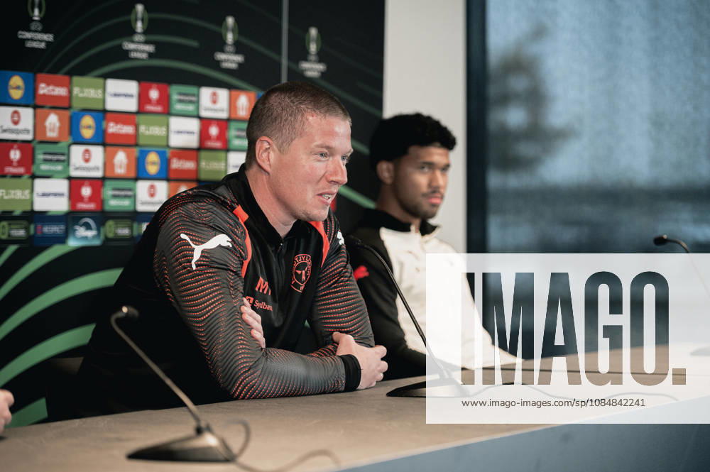 FC Midtjylland press conference, PK, Pressekonferenz - UEFA Conference League Herning, Denmark - October 21: Head coach Mike Tullberg and Pedro Bravo during a press conference ahead of a match between FC Midtjylland and St. Truidense in UEFA Conference League at MCH Arena Herning MCH Arena Denmark