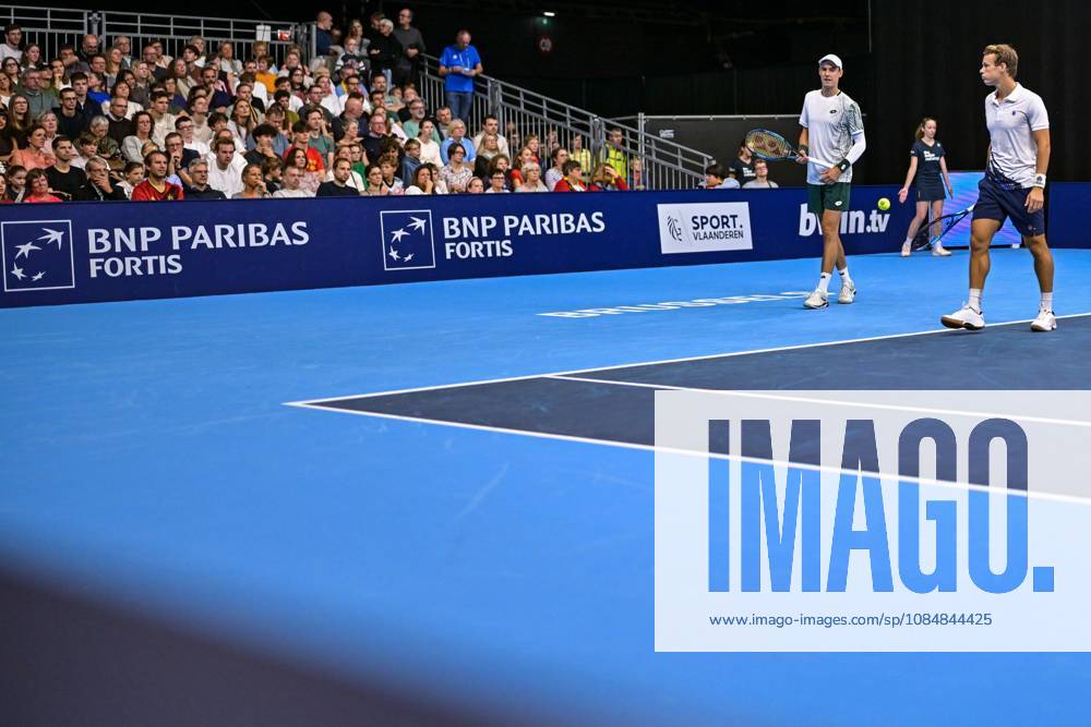 Michael Geerts of Belgium, Joran Vliegen of Belgium pictured in action during the European Open ATP, Tennis Herren tennis tournament in Brussels, on 21 October. This year s edition of the tournament is taking place from 17 to 25 October DAVIDxPINTENS x190499767x
