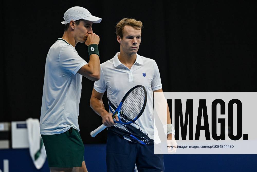 Michael Geerts of Belgium, Joran Vliegen of Belgium pictured in action during the European Open ATP, Tennis Herren tennis tournament in Brussels, on 21 October. This year s edition of the tournament is taking place from 17 to 25 October DAVIDxPINTENS x190499851x