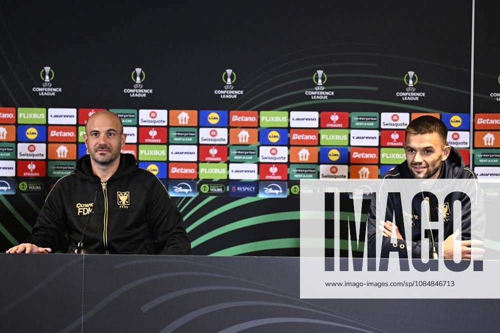 FC Midtjylland v Sint-Truidense VV - UEFA Conference League Media Activities 21 10 2026 HERNING, DENMARK - OCTOBER 21 : De Meyer Frederic head coach of Sint-Truidense VV and Musliu Visar defender of Sint-Truidense VV speaking with the media during a pre-match press conference, PK, Pressekonferenz ahead of the UEFA Conference League 2026 27 League Phase matchday 2 match between FC Midtjylland and Sint-Truidense VV on October 21, 2026 in Herning, Denmark, 21 10 2026 Herning Denmark