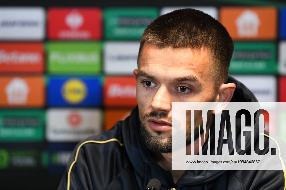 STVV s Visar Musliu pictured during a press conference, PK, Pressekonferenz of Belgian soccer team Sint-Truidense VV, Wednesday 21 October 2026 in Herning, Denmark, in preparation of tomorrow s game against Danish FC Midtjylland on the second day of the UEFA Conference League league phase. JILLxDELSAUX x190514622x