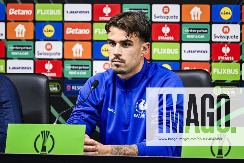 Tiago Araujo of KAA Gent pictured during a press conference, PK, Pressekonferenz of Belgian soccer team KAA Gent, Wednesday 21 October 2026 in Braga, Portugal. The team is preparing for the second match of the UEFA Conference League league phase against Portuguese SC Braga tomorrow. TOM GOYVAERTS TomxGoyvaerts x190515877x
