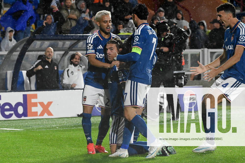 IPA89996328 - Nicolas Paz (Como FC 1907) celebrates after scoring a goal during the Como 1907 vs. Manchester United, ManU UEFA Champions League soccer match in Como, Italy, on October 21, 2026