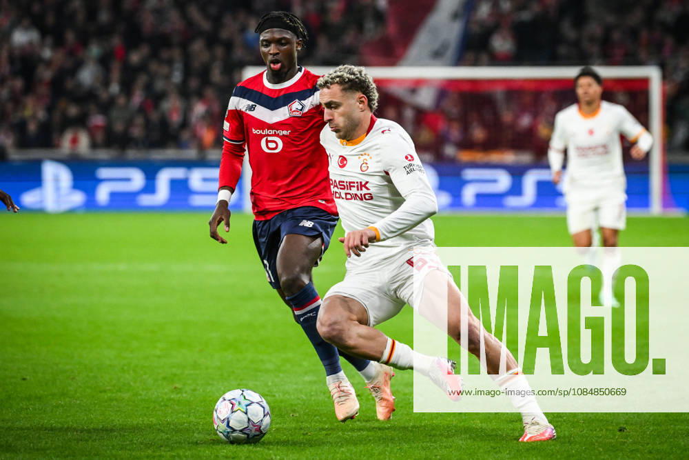 Villeneuve-D ascq, France, France: Dilane BAKWA of Lille and Baris ALPER YILMAZ of Galatasaray during the UEFA Champions League, League Phase MD3 match between Lille OSC (LOSC) and Galatasaray SK at Pierre Mauroy Stadium on October 21, 2026 in Villeneuve-d Ascq near Lille, France. Lille OSC V Galatasaray SK - UEFA Champions League - ZUMAm308 20261021_zsp_m308_020
