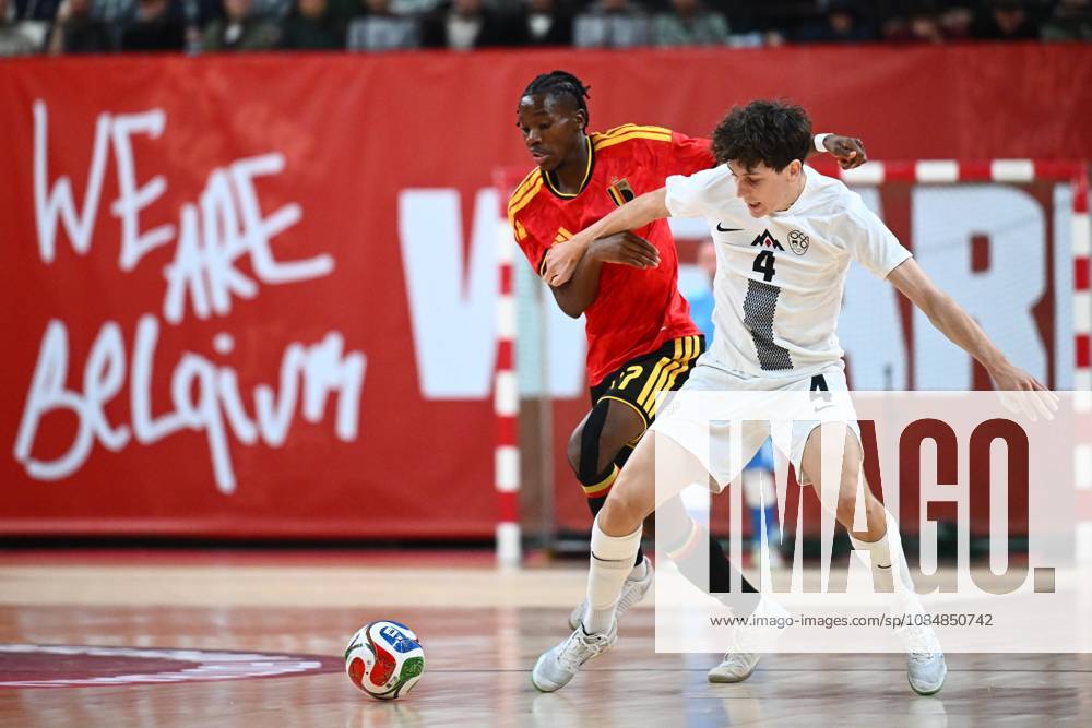 Belgium vs Slovenia - FIFA Futsal World Cup 2028 Main Round Group Phase ANTWERPEN, BELGIUM - OCTOBER 21 : Mbazoa Julien of Red Devils Futsal, Mihael Cop of Slovenia during the FIFA Futsal World up 2028 main round group phase at the Lotto Arena on October 21, 2026 in Antwerpen, Belgium, 21 10 2026 Antwerpen Belgium