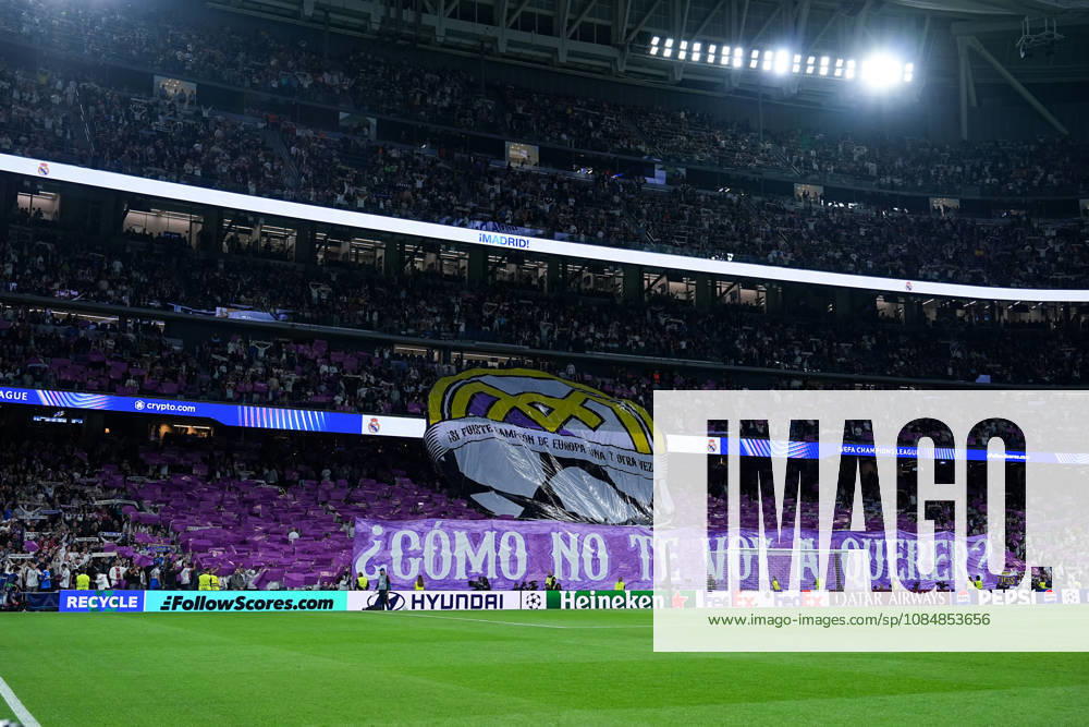 Herren, Fußball, UEFA Champions League, Real Madrid - RB Leipzig, Saison 2026 2027, Estadio Santiago Bernabeu: Choreografie der Fans von Real Marid Regulations prohibit any use of photographs as image sequences and or quasi-video.