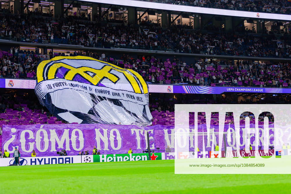 Fussball : UEFA Champions League, Ligaphase, 3. Spieltag, 21.10.2026, Real Madrid vs RB Leipzig, Santiago Bernabeu (Madrid) : Zuschauer, Fans, Tribüne, Fahne, Transparent, Spruchband, Choreographie, Fanchoreo,