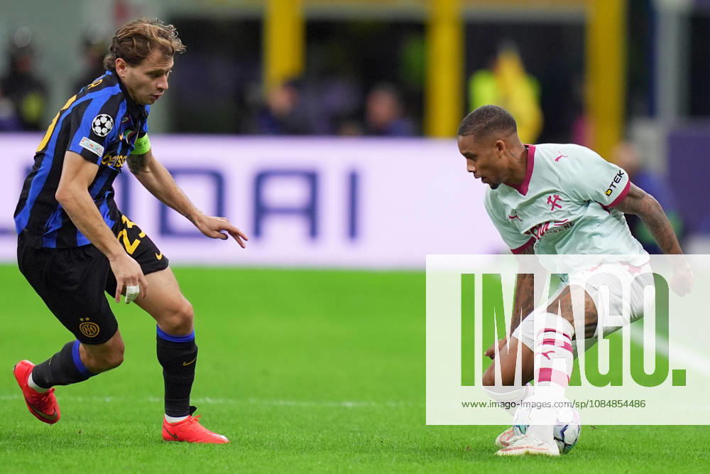Inter Milan’s Nicolo Barella fights for the ball with Shakhtar s Pedro Henrique during the Uefa Champions League soccer match between Inter and Shakhtar Donetsk at San Siro Stadium in Milan , Italy - Wednesday October 21 , 2026. - Soccer
