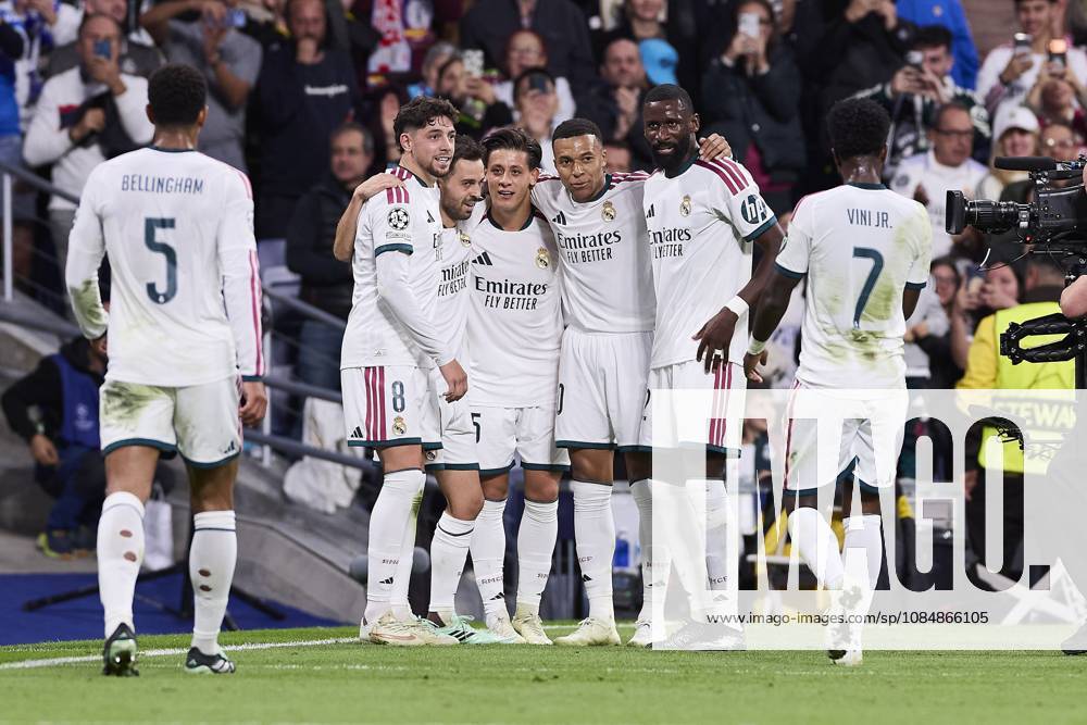 (From L to R) Federico Valverde, Bernardo Silva, Arda Guler, Kylian Mbappe and Antonio Rudiger celebrate a goal during the UEFA Champions League 2026 2027 match between Real Madrid CF and RB Leipzig..Final score: Real Madrid 4-1 RB Leipzig. UEFA Champions League 2026 2027 - Real Madrid CF And RB Leipzig In Madrid, Spain - 21 Oct 2026 - ZUMAs197 20261021_aaa_s197_395