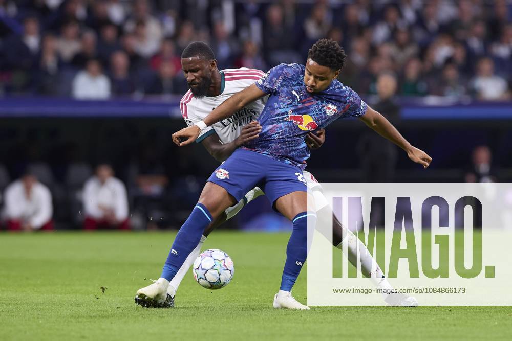 Antonio Rudiger (Real Madrid CF) and Christopher Nkunku (RB Leipzig) are seen in action during the UEFA Champions League 2026 2027 match between Real Madrid CF and RB Leipzig..Final score: Real Madrid 4-1 RB Leipzig. UEFA Champions League 2026 2027 - Real Madrid CF And RB Leipzig In Madrid, Spain - 21 Oct 2026 - ZUMAs197 20261021_aaa_s197_402