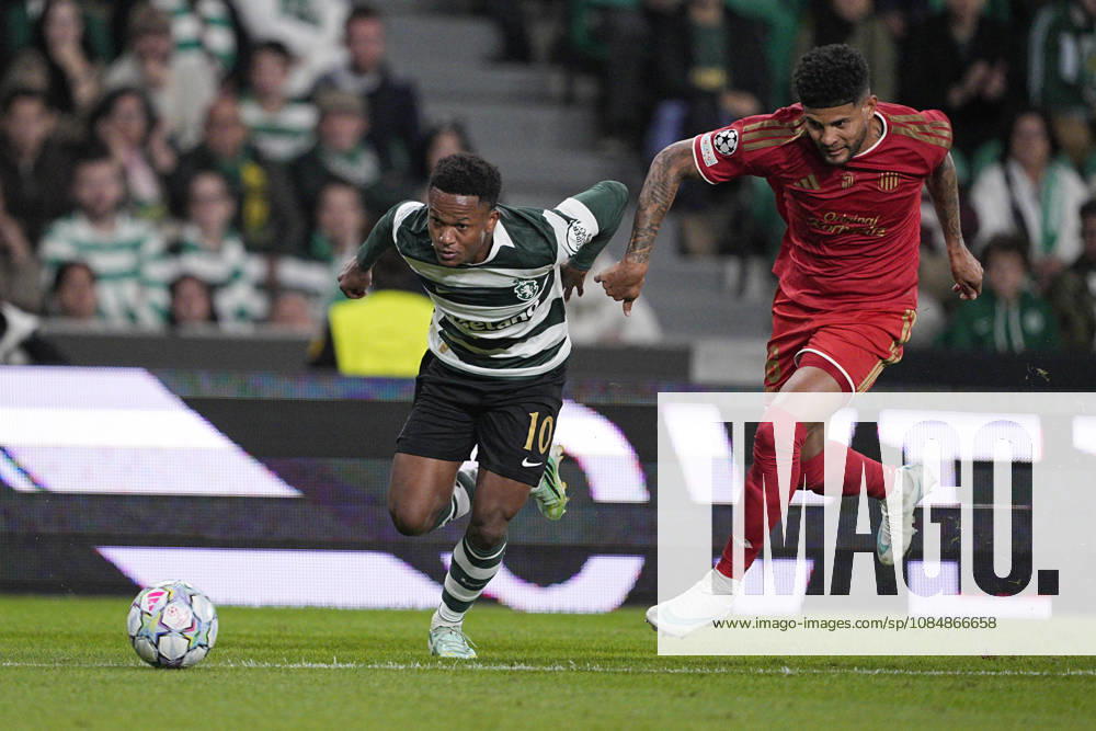 Geny Catamo of Sporting CP dribbles past an opponent during the UEFA Champions League 2026 27 League Phase MD3 match between Sporting Club de Portugal and LASK at Estadio Jose Alvalade on October 21, 2026 in Lisbon, Portugal (Photo by Pedro Loureiro Sports Press Photo SPP)