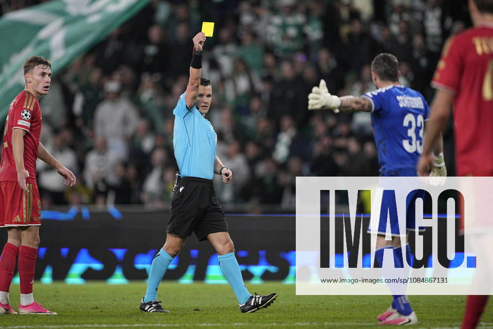 Referee Nicholas Walsh shows a yellow card to Tobias Schutzenauer of LASK Linz during the UEFA Champions League 2026 27 League Phase MD3 match between Sporting Club de Portugal and LASK at Estadio Jose Alvalade on October 21, 2026 in Lisbon, Portugal (Photo by Pedro Loureiro Sports Press Photo SPP)