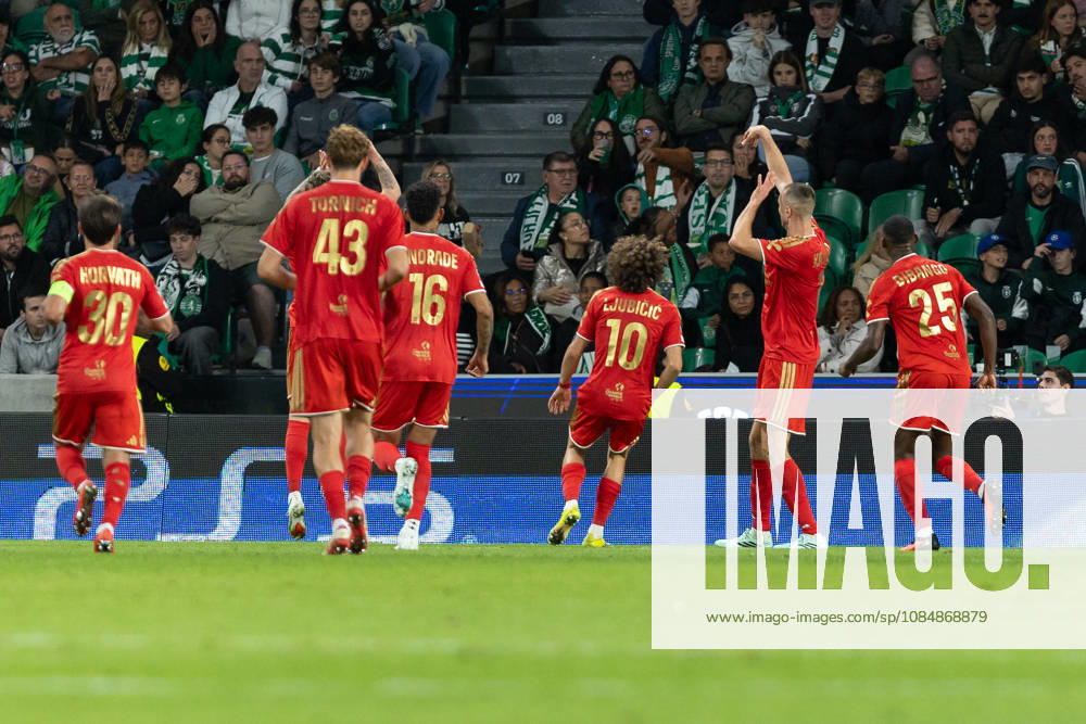 Lask midfielder from Czechia KRYSTOF DANEK (9) celebrates with teammates after scoring a goal during the game for the League Phase for the UEFA Champions League between Sporting and LASK Linz at Estadio Jose de Alvalade Soccer 2026: Sporting 2:3 LASK Linz - ZUMAs359 20261021_zsp_s359_108
