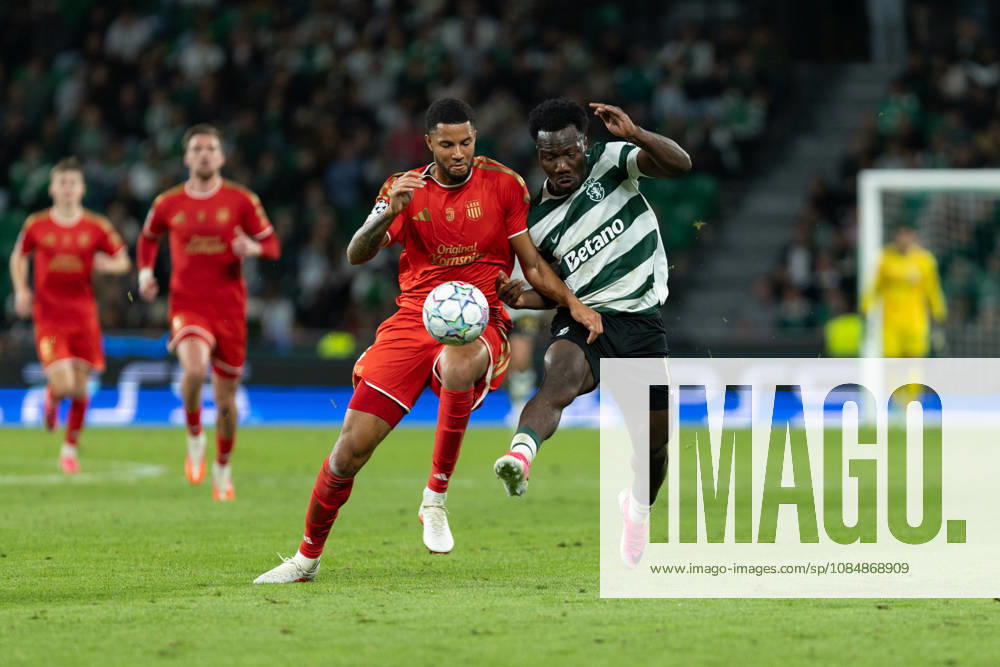 Lask defender from The Netherlands XAVIER MBUYAMBA (4) and Sporting forward from Australia NESTORY IRANKUNDA (19) in action during the game for the League Phase for the UEFA Champions League between Sporting and LASK Linz at Estadio Jose de Alvalade Soccer 2026: Sporting 2:3 LASK Linz - ZUMAs359 20261021_zsp_s359_127
