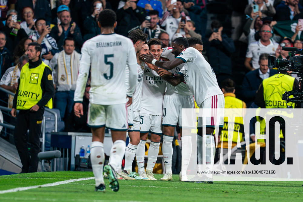 SOCCER - UEFA Champions League - Real Madrid CF - RB Leipzig Photo by IPA ABACAPRESS.COM90010713 - MADRID, SPAIN - OCTOBER 21: Bernardo Silva of Real Madrid CF celebrates a goal with his teammates during the 2026 27 UEFA Champions League Group Stage Matchday 3 game between Real Madrid CF and RB Leipzig at Santiago Bernabéu Stadium on October 21, 2026, in Madrid, Spain. (Tomas Garrido TGB Photo during the Real Madrid CF vs. RB Leipzig UEFA Champions League soccer match in Madrid, Spain, on October 21, 2026 Madrid Spain