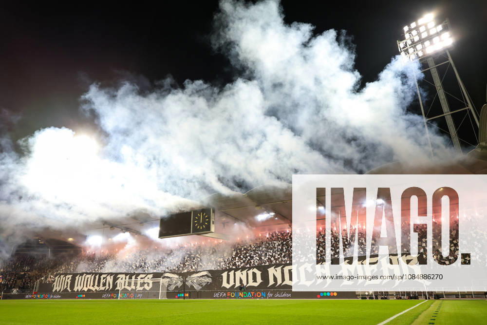 SOCCER - UEFA EL, Sturm vs Marseille GRAZ,AUSTRIA,22.OCT.26 - SOCCER - UEFA Europa League, SK Sturm Graz vs Olympique de Marseille. Image shows fans (Sturm) with a choreography and pyrotechnics. GEPAxpictures Bauer