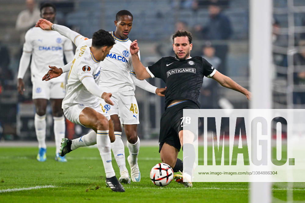 SOCCER - UEFA EL, Sturm vs Marseille GRAZ,AUSTRIA,22.OCT.26 - SOCCER - UEFA Europa League, SK Sturm Graz vs Olympique de Marseille. Image shows Nayef Aguerd, Keyliane Abdallah (Marseille) and Valmir Matoshi (Sturm). GEPAxpictures Retkoceri