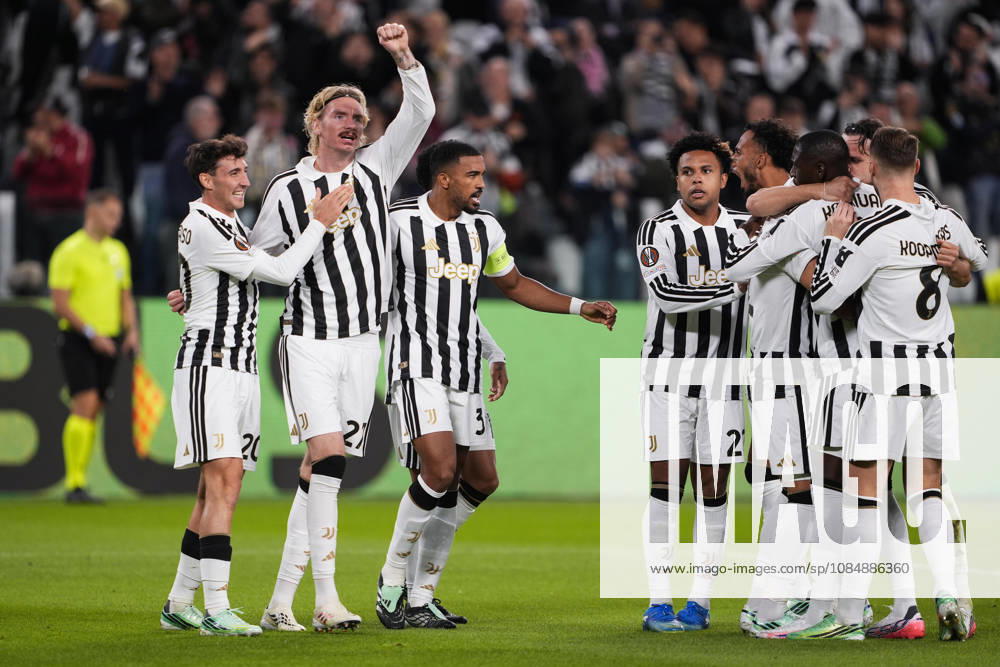 Juventus Zeki Çelik celebrates after scoring the opening goal for his team 1-0 during the UEFA Europa League soccer match, between Juventus and Rennes at the Allianz Stadium in Turin, north west Italy - Matchday 3- Thursday, October 22, 2026. - Soccer