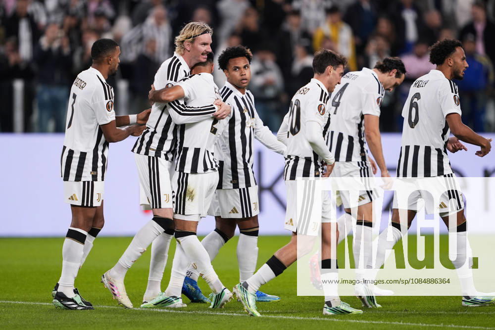 Juventus Zeki Çelik celebrates after scoring the opening goal for his team 1-0 during the UEFA Europa League soccer match, between Juventus and Rennes at the Allianz Stadium in Turin, north west Italy - Matchday 3- Thursday, October 22, 2026. - Soccer