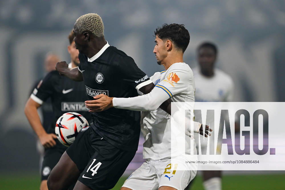 SOCCER - UEFA EL, Sturm vs Marseille GRAZ,AUSTRIA,22.OCT.26 - SOCCER - UEFA Europa League, SK Sturm Graz vs Olympique de Marseille. Image shows Oumar Diakite (Sturm) and Nayef Aguerd (Marseille). GEPAxpictures Retkoceri