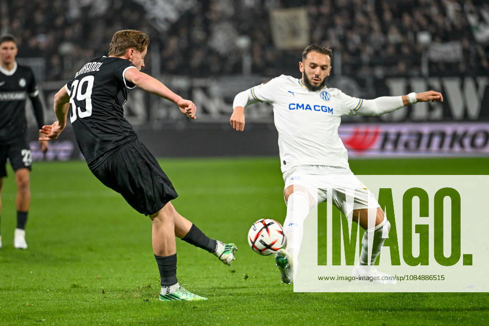 SOCCER - UEFA EL, Sturm vs Marseille GRAZ,AUSTRIA,22.OCT.26 - SOCCER - UEFA Europa League, SK Sturm Graz vs Olympique de Marseille. Image shows Luca Weinhandl (Sturm) and Amine Gouiri (Marseille). GEPAxpictures Retkoceri