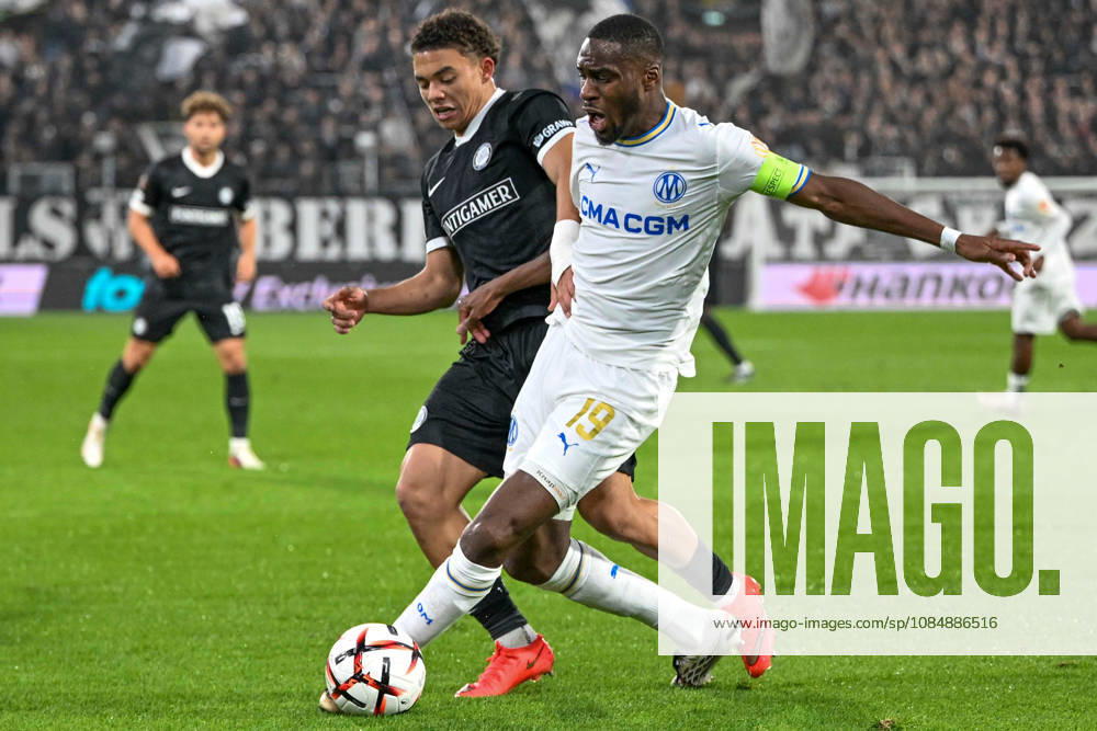 SOCCER - UEFA EL, Sturm vs Marseille GRAZ,AUSTRIA,22.OCT.26 - SOCCER - UEFA Europa League, SK Sturm Graz vs Olympique de Marseille. Image shows Jacob Hoedl (Sturm) and Geoffrey Kondogbia (Marseille). GEPAxpictures Retkoceri
