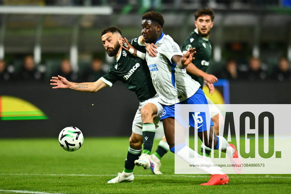 Football Conference League 2nd round match FK Jablonec vs Brighton in Jablonec nad Nisou, Czech Republic, October 21, 2026. From left Vakhtang Chanturishvili of Jablonec, Ibrahim Osman of Brighton. (CTKxPhoto RadekxPetrasek) CTKPhotoP2026102208132 CTKPhotoP2026102208132
