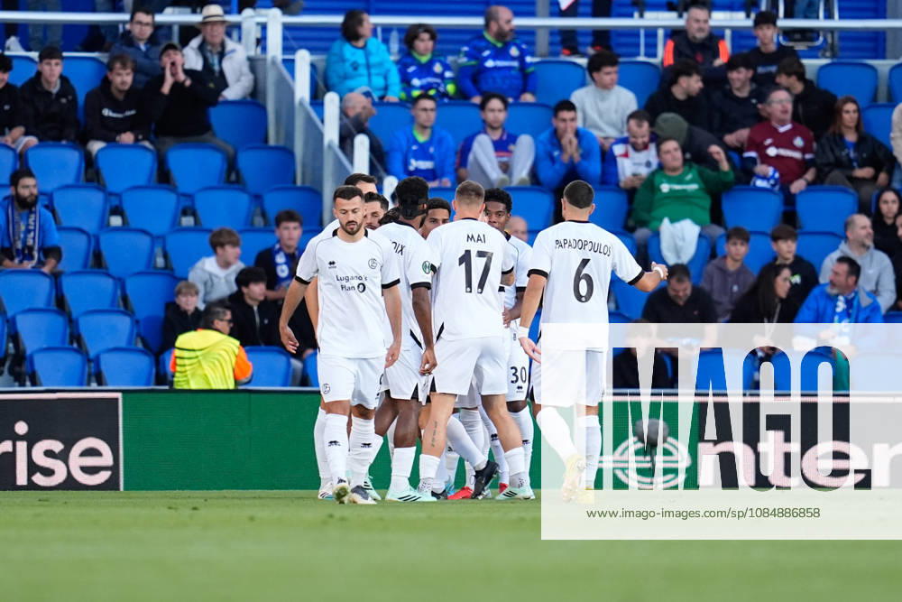 Yanis Cimignani of FC Lugano celebrates after scoring his team s second goal with teammates during the UEFA Conference League 2026 27 League Phase MD2 football match between Getafe CF and FC Lugano at Coliseum de Getafe stadium on October 22, 2026, in Getafe, Spain. Getafe Spain - ZUMAa181 20261022_zaa_a181_019