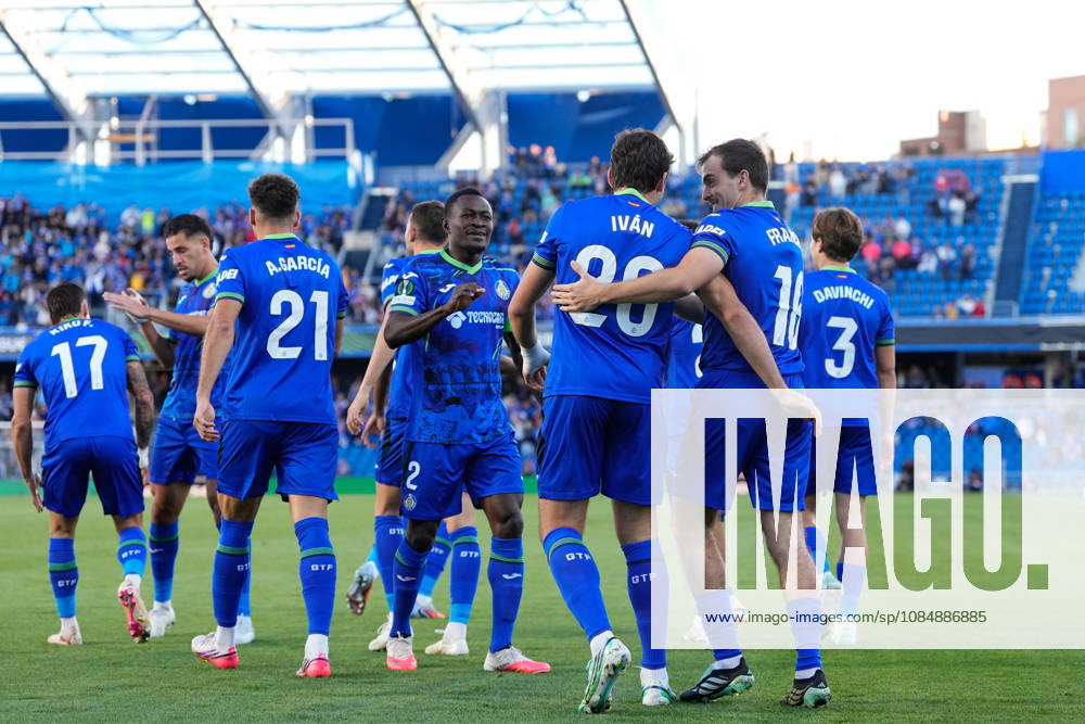 Ivan Azon of Getafe CF celebrates after scoring his team s first goal with teammates during the UEFA Conference League 2026 27 League Phase MD2 football match between Getafe CF and FC Lugano at Coliseum de Getafe stadium on October 22, 2026, in Getafe, Spain. Getafe Spain - ZUMAa181 20261022_zaa_a181_021