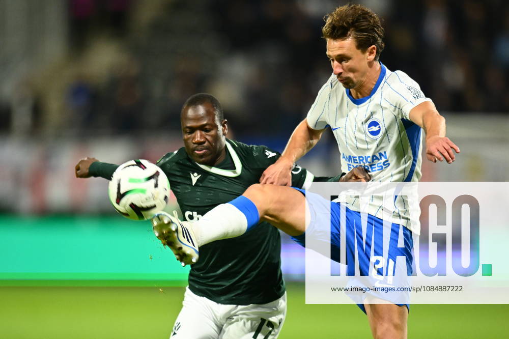+++CAPTION CORRECTION+++Football Conference League 2nd round match FK Jablonec vs Brighton in Jablonec nad Nisou, Czech Republic, October 22, 2026. From left Saidou Alioum of Jablonec and Olivier Boscagli of Brighton. (CTKxPhoto RadekxPetrasek) CTKPhotoP2026102207945 CTKPhotoP2026102207945