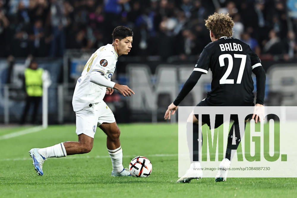 SOCCER - UEFA EL, Sturm vs Marseille GRAZ,AUSTRIA,22.OCT.26 - SOCCER - UEFA Europa League, SK Sturm Graz vs Olympique de Marseille. Image shows Kelyann Bezahaf (Marseille) and Luis Balbo (Sturm). GEPAxpictures Bauer