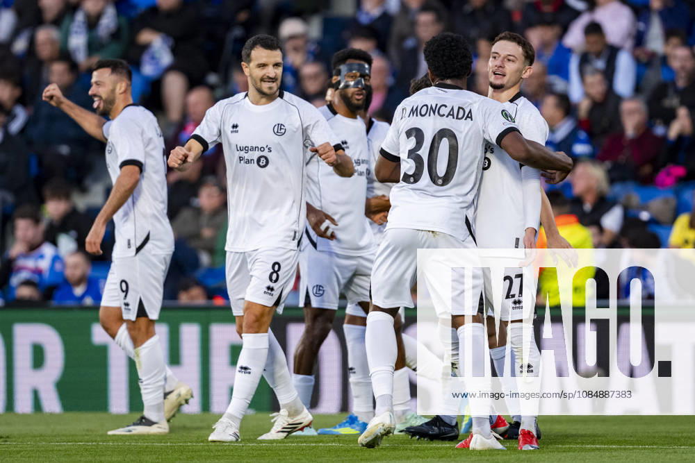 Getafe CF v FC Lugano - UEFA Conference League 2026 27 League Phase MD2 GETAFE, SPAIN - OCTOBER 22: Players of FC Lugano (from L to R) Albian Ajeti, Anto Grgic, Dereck Moncada, Daniel Dos Santos celebrates a goal during the UEFA Conference League 2026 27 League Phase MD2 match between Getafe CF and FC Lugano at Estadio Coliseum on October 22, 2026 in Getafe, Spain. Madrid Estadio Coliseum Madrid Spain