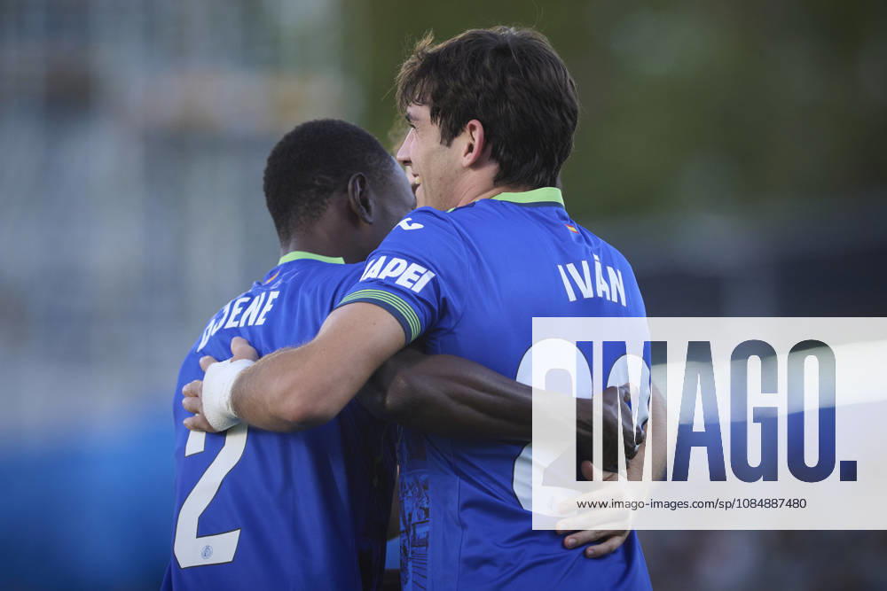 RAYO VALLECANO v FC LUGANO. UEFA EUROPA CONFERENCE LEAGUE 2026 2027. MATCHDAY 2. Getafe CF s Ivan Azon (r) and Djene Dakonam celebrate goal during UEFA Europa Conference League 2026 2027, Matchday 2. October 22, 2026. (ALTERPHOTOS Jorge Ropero) GetafeSpain