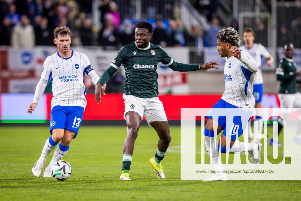 JABLONEC - BRIGHTON Pascal Gross, Georginio Rutter of Brighton and Nelson Okeke of Jablonec during the matchday 2 of League phase round of UEFA Conference league football match between FK Jablonec and Brighton and Hove Albion at Stadion Strelnice. Jablonec nad Nisou, Czechia, October 22, 2026. Photo by Branislav Racko