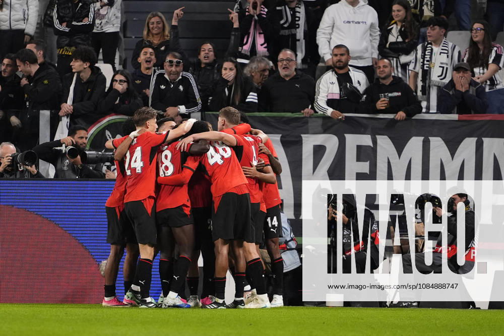 Rennes Boulaye Dia celebrates after scoring goal from a penalty kick for his team 1-2 during the UEFA Europa League soccer match, between Juventus and Rennes at the Allianz Stadium in Turin, north west Italy - Matchday 3- Thursday, October 22, 2026. - Soccer