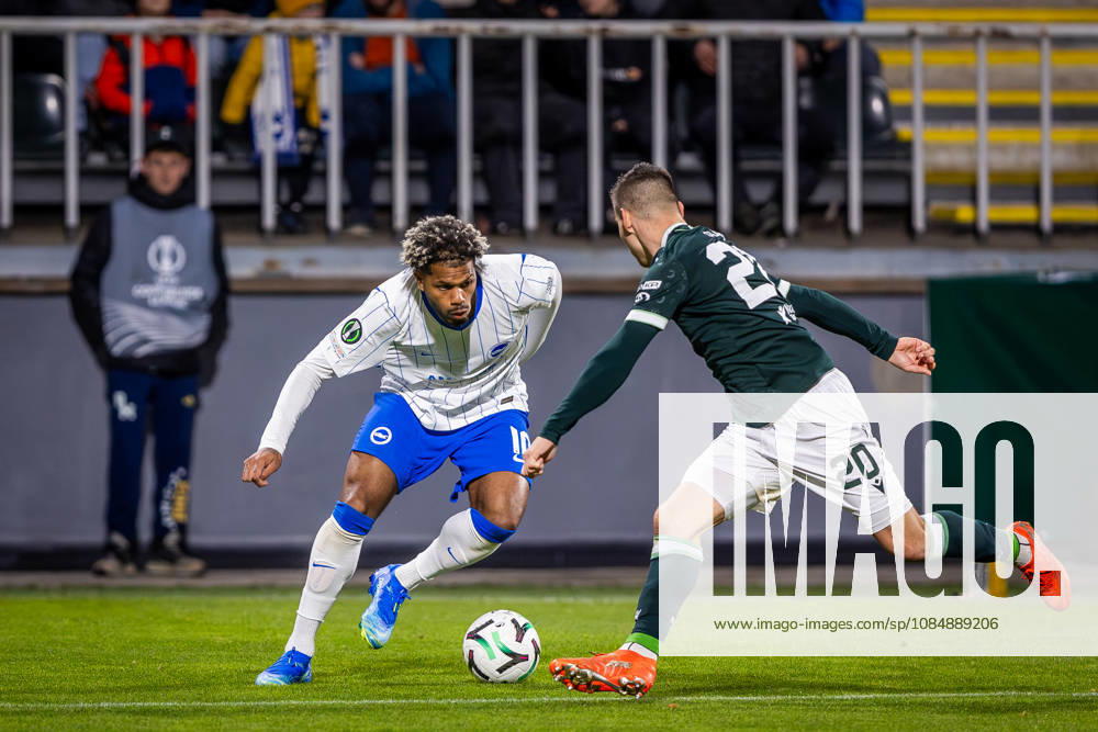 JABLONEC - BRIGHTON Georginio Rutter of Brighton and Jiri Slama of Jablonec during the matchday 2 of League phase round of UEFA Conference league football match between FK Jablonec and Brighton and Hove Albion at Stadion Strelnice. Jablonec nad Nisou, Czechia, October 22, 2026. Photo by Branislav Racko