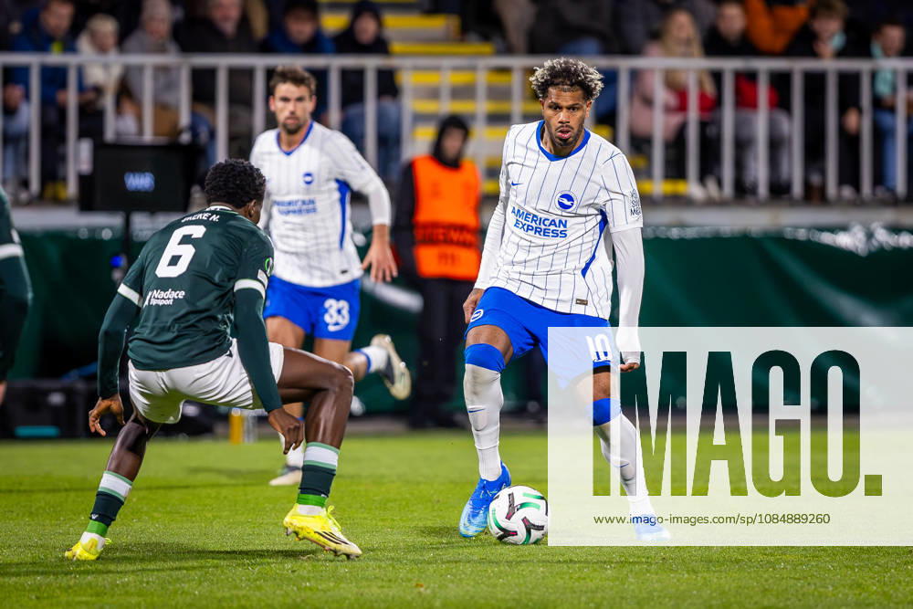 JABLONEC - BRIGHTON Georginio Rutter of Brighton and Nelson Okeke of Jablonec during the matchday 2 of League phase round of UEFA Conference league football match between FK Jablonec and Brighton and Hove Albion at Stadion Strelnice. Jablonec nad Nisou, Czechia, October 22, 2026. Photo by Branislav Racko