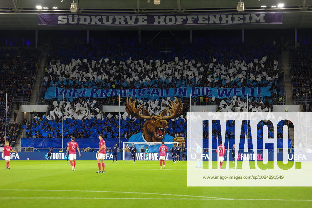 Sinsheim, Germany - Octobre 22: TSG Hoffenheim choreography by the fans, Fans, mood, scarves, jerseys, emotions during the UEFA Europa League phase Matchday 3 2026 27 match between TSG Hoffenheim and Olympique Lyon at Rhein Neckar Arena on Octobre, 2026 in Sinsheim, Germany