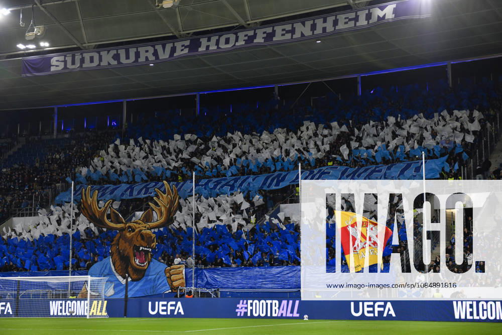 Vor Spielbeginn: Choreo, Choreographie, Fanaktion TSG Hoffenheim Suedkurve Maskottchen Hoffie TSG 1899 Hoffenheim TSG 1899 Hoffenheim vs Olympique Lyon 22.10.2026 DFL REGULATIONS PROHIBIT ANY USE OF PHOTOGRAPHS AS IMAGE SEQUENCES AND OR QUASI-VIDEO TSG 1899 Hoffenheim vs Olympique Lyon