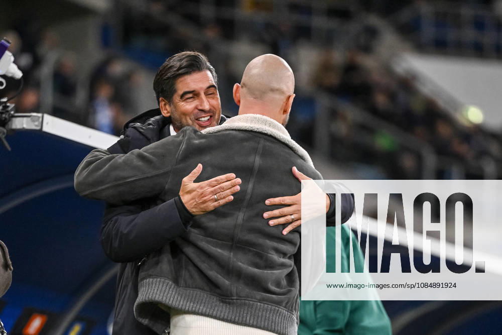 Coach Paulo Fonseca (Olympique Lyon) and Trainer Christian Ilzner (TSG 1899 Hoffenheim) greet each other during the UEFA Europa League 2026 27 League Phase match between TSG 1899 Hoffenheim and Olympique Lyonnais at Rhein-Neckar-Arena on October 22, 2026 in Sinsheim, Germany. (Photo by Harry Langer DeFodi Images) -