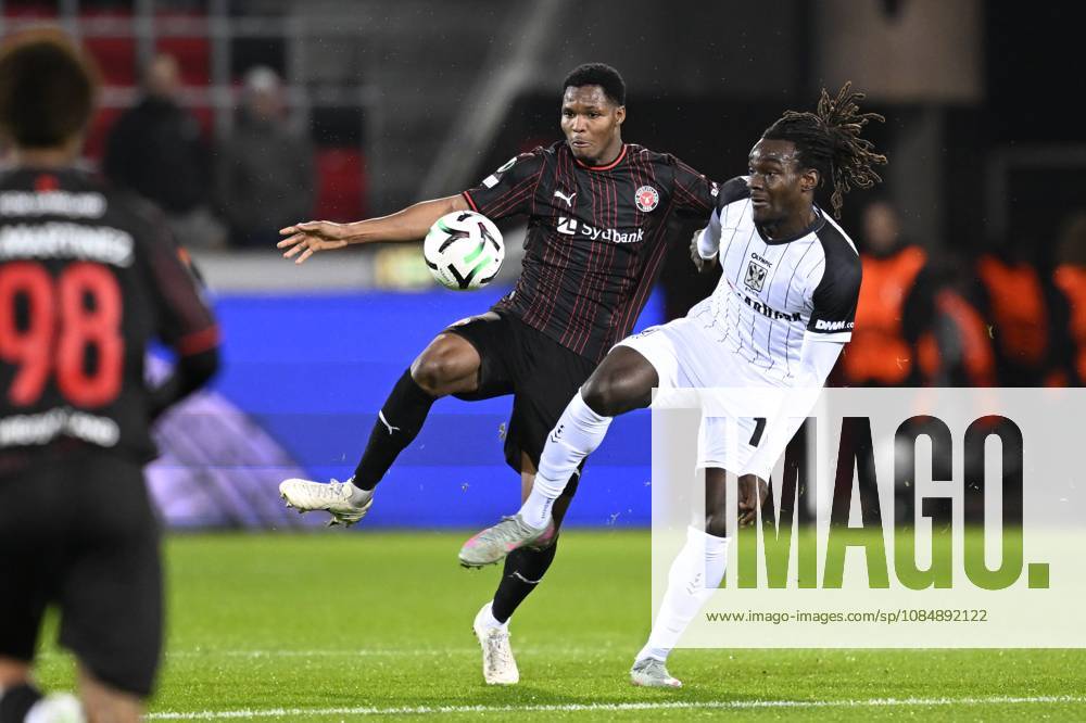 FC Midtjylland v Sint-Truidense VV - UEFA Conference League HERNING, DENMARK - OCTOBER 22 : Diao Ousmane defender of Midtjylland and Soelle Soelle Frederic forward of Sint-Truidense VV during the UEFA Conference League 2026 27 League Phase matchday 2 match between FC Midtjylland and Sint-Truidense VV on October 22, 2026 in Herning, Denmark, 22 10 2026 Herning Denmark