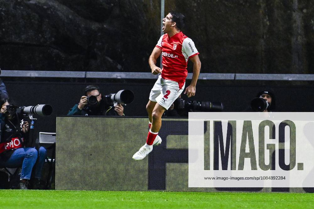 Victor Gomez of SC Braga celebrates after scoring during a soccer game between Portuguese SC Braga and Belgian soccer team KAA Gent, Thursday 22 October 2026 in Braga, Portugal, the second match in the UEFA Conference League league phase. TOM GOYVAERTS TomxGoyvaerts x190686391x