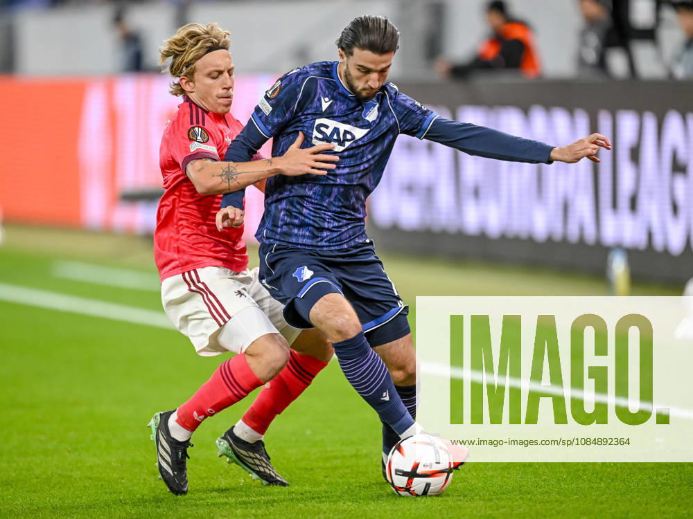 Mads Bidstrup (Olympique Lyon) and Leon Avdullahu (TSG 1899 Hoffenheim) battle for the ball during the UEFA Europa League 2026 27 League Phase match between TSG 1899 Hoffenheim and Olympique Lyonnais at Rhein-Neckar-Arena on October 22, 2026 in Sinsheim, Germany. (Photo by Harry Langer DeFodi Images) -
